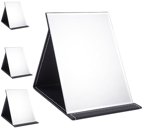 MAEXUS Reisespiegel Klappbar,26 * 18cm,Schminkspiegel Klappbar,Tischspiegel mit Mehrfach-Standwinkel,Schwarz PU-Leder,Schminkspiegel Klein,Super HD Kosmetikspiegel,Make Up Spiegel (L)