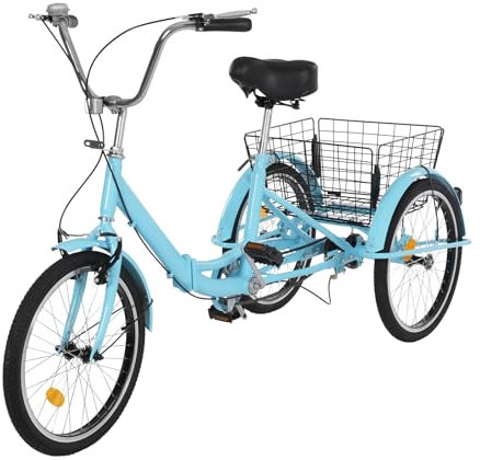 Begoniape Dreirad Faltbar für Erwachsene, 20 Zoll, Blau, City-Dreirad, 3-Rad Fahrrad mit Einkaufskorb, Tricycle für Erwachsene und Senioren, aus Kohlenstoffstahl, für Verschiedene Straßen