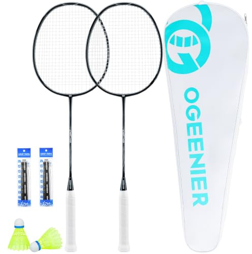OGEENIER Badmintonracketar set med 2, lätt badmintonset för bakgårdar, barn och familj utomhusspel, inkluderar 2 fjäderbollar, 2 utbytesunderlägg, 1 bärväska