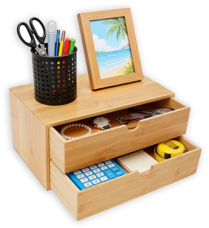 Schreibtisch Organizer aus Bambus, mit 2 Schubladen, für Büro Hause Schule | Tyvotrend Stiftehalter Stiftebox, Schreibtischablage Büro Organizer mit Gebogener Griff, 33x19x16cm