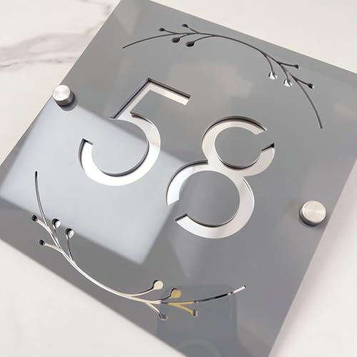 Plaque de numéro de maison en acrylique creux 3D avec design floral ornemental – Plaque d'adresse personnalisée gravée au laser pour mur, plaque de numéro de porte flottante à finition mate (gris