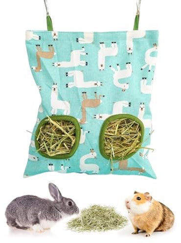 AOEVUIR Ratelier à Foin pour Lapin et Cochon d'Inde Mangeoire Suspendue avec Sac Distributeur de Foin Idéal pour 2 Animaux