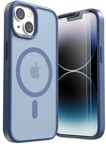 LUNOVATE Magnetic Shockproof for iPhone 14/13 Case, 14FT Protective Cover, Anti-Slip Texture Translucent Matte Phone Case with 2 Screen Protector for iPhone 14 / iPhone 13 - Deep Blue
