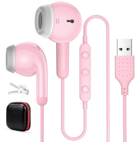 USB Earbuds for PC,Headphones with Microphone for Computer,Wired USB Headset with Mic Audio Control Noise Isolating Stereo Laptop Earphones for Dell for HP Asus for Surface Office Zoom Working Pink