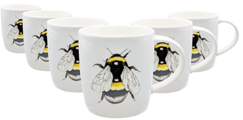 Nicola Spring 350ml Simply Home Stoneware Mugs - Single Bee - 6X Large Reusable Cute Ceramic Coloured Coffee Latte Hot Drinks Tea Cups Set with Handle | Gifts for Men & Women