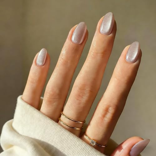 SXVME Cat Eye Press On Nails Short - Beige Nude False Nails Oval, 30 Pcs 15 Sizes Sparkly Glitter Fake Nails Press ons, Upgrade Thick Quality, Reusable Short Almond Glue on Nail for Women