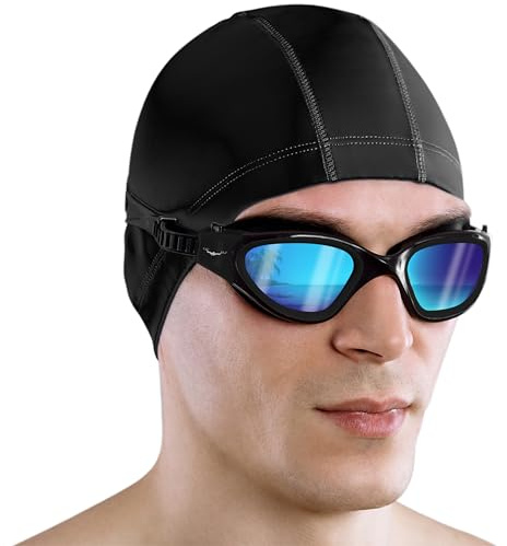 AqtivAqua Occhialini da nuoto polarizzati per adulti, uomini, donne, bambini 6-14 anni, ragazzi, ragazzi, bambini, DX-R (tutti neri, custodia argento, polarizzati + lenti a specchio)
