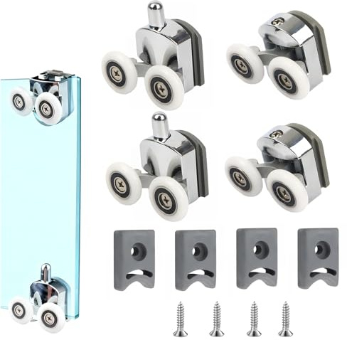4PCS 25mm Shower Door Rollers, Replacement Curved Sliding Shower Door Wheels Pulleys, Sliding Glass Doors Runners for Enclosures, Bathroom, with Anti-Collision Block, for 4-6mm Glass, Top & Bottom