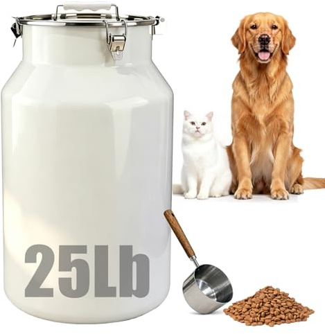 25 Lbs Stainless Steel Dog Food Storage Container with Scoop, White | Large Metal Dog Food Bin with Airtight Lid & Locking Clamp, Pet Treat Jars for Dogs & Cats, Keep Fresh