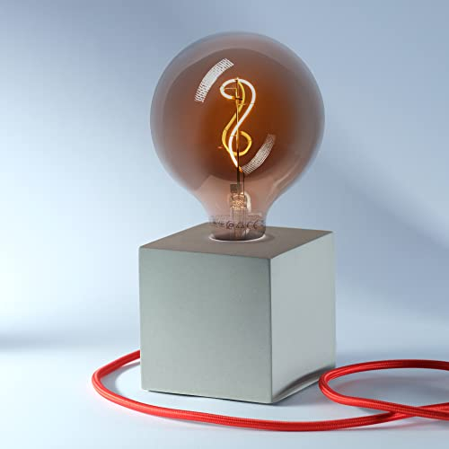 Home Designerlampe aus Beton, Nachttisch-Leuchte, Schreibtisch-Lampe oder für den Boden, Cube-Lampe als Geschenk, Harmonische Beleuchtung, Als LED Lampe für jeden Raum, Mit farbigem Textilkabel „Rot“