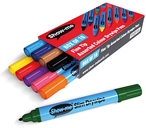 Show-Me Whiteboard Pens, High-Quality Marker Pens For Whiteboard, Long-Lasting Whiteboard Markers With Easy-Fit Lids, Comfortable & Safe Dry Wipe Markers With Anti-Splay Nibs - Fine, Assorted, 10PK