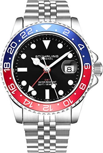 Stuhrling Original Herren Edelstahl Jubiläumsarmband GMT Uhr - Schweizer Quarz, Dual Time, Quickset Datum mit verschraubter Krone, wasserdicht bis 10 ATM
