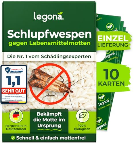 Legona Schlupfwespen gegen Lebensmittelmotten – 1 Lieferung mit 10 Träger – Mottenschutz für Küche und Vorrat – Alternative zur Mottenfalle