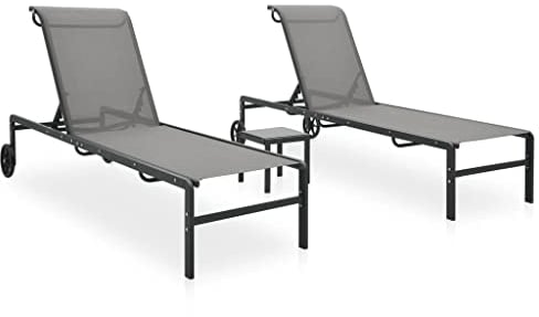 vidaXL Sonnenliege 2 STK. mit Tisch 2 Rädern Verstellbare Rückenlehne Gartenliege Relaxliege Gartenmöbel Liege Liegestuhl Strandliege Textilene Stahl