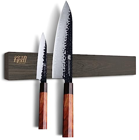 FINDKING Magnetischer Messerstreifen aus Eschenholz, Magnetischer Küchenutensilienhalter für Wand und Kühlschrank, Ohne Bohren, 40CM (Dunkelbraun, Ohne Messer)