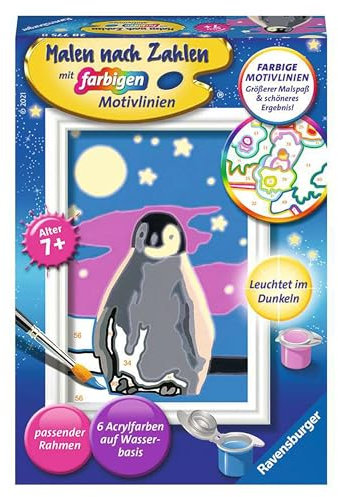 Ravensburger CreArt 28775 Little Penguin Painting by Numbers from 7 Years, Painting Set with Frame, Brush and Acrylic Paints, Gift for Girls and Boys, Glow in the Dark