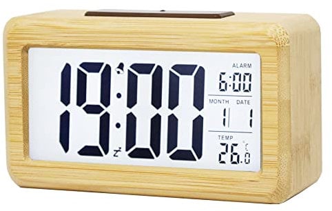 Wooden Digital Alarm Clock with Large LED Display, 12/24 Hour Format, Smart Sensor Night Light, Date, Snooze and Temperature, Battery Operated, Bedside and Desk Alarm Clock