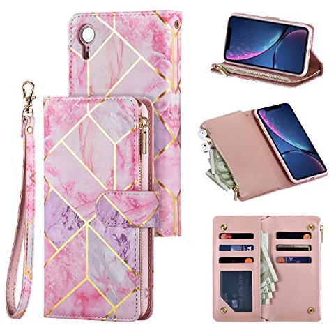 QLTYPRI Case for iPhone XR, Large Capacity Leather Wallet Case 6 Card Holder & 1 Zipper Pocket Kickstand Wrist Strap Magnetic Protective Cover for iPhone XR - Pink