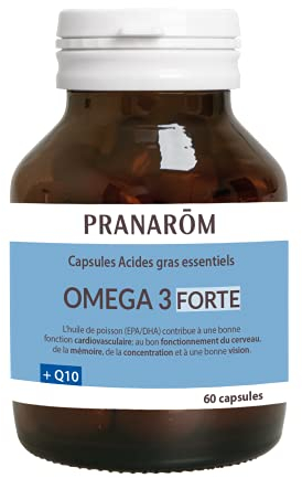 PRANARÔM - Omega 3 Forte - Capsules Acides Gras Essentiels - Huile De Poisson EPA DHA & Q10 - Fonctions Cognitives & Vision - Goût Naturel Mandarine - 60 Capsules