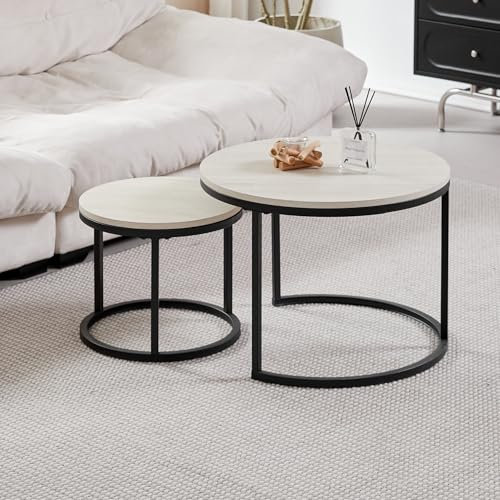 BenyLed Lot de 2 Table Basse Gigogne Ronde, Table D'extrémité avec Structure en Métal Noir, Plateau en MDF, Grande : 60 x 60 x 45 cm ; Petite : 40 x 40 x 35 cm (Bûche Blanche)
