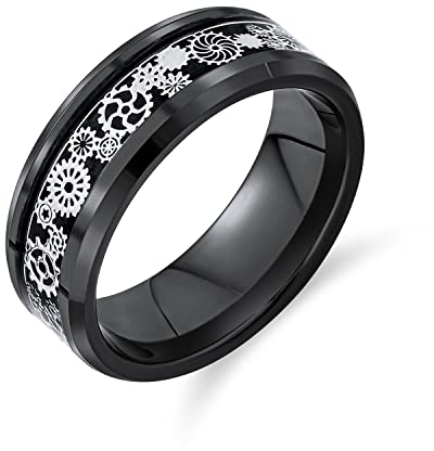 Bling Jewelry Mechanic Car Racer Ring Punk Rock Motorrad Bikerin Schmuck Silber Schwarz Titan Ringe Für Männer Trauringe Steampunk Zahnrad Carbon Fiber Inlay Abgeschrägte Kanten Kompfort Fit 8Mm