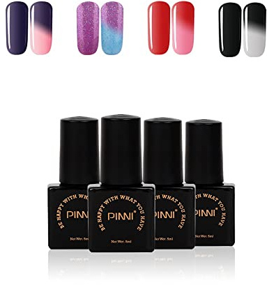 PINNI Temperatur-Farbwechsel-Gel-Nagellack Thermal Chameleon UV-LED-Maniküre-Nagelkunstsalon, 4-Farben-Set, Schwarz & Weiß, Verträumter Glitter Lila Blau, Rot Lila, Rot Rosa, 5ML/PC