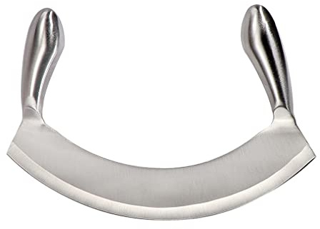ROQILA 8.7 Inch Stainless Steel Mezzaluna Knife - Salad Chopper Rocker Pizza Cutter Rocker Knife Curved Blade Sharp Blade Double Handle Fruit Vegetable Mincing Knife