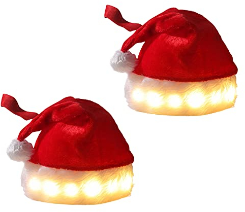 BeisDirect 2 Stück LED-Weihnachtsmütze für Erwachsene und Jugendliche – beleuchtete Plüsch-Weihnachtsmannmütze, Weihnachtskostüm-Requisiten, Urlaubspartyzubehör (48 cm x 35 cm, rot)
