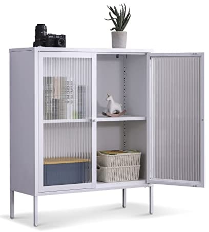 Highboard Tokio Beistellschrank Weiß fürs Wohnzimmer Aufbewahrungsschrank Metall Schrank mit Regal Ablage und Glastüren, Kommode für Bücher und Deko LxBxH ca. 90x35x110 cm