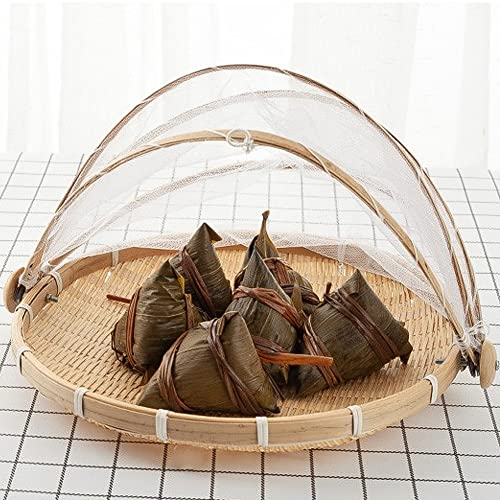 36cm Bambuszelt Korb mit Fliegenschutz, Obstschale Zeltkorb Abdeckhaube Fliegenhaube Lebensmittel Abdeckung Zelt Brotkorb mit Maschenabdeckung Picknickkorb Kuchenabdeckung für Gemüse Obst Brot