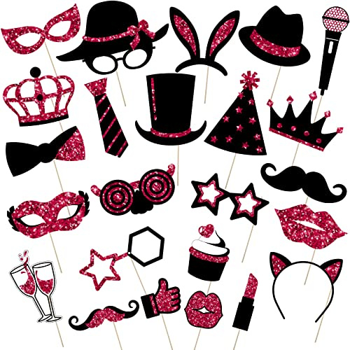 Zonon 24 Pcs Funny Photo Booth Props Birthday Wedding Family Class Reunion Prom Disco Party Celebration Decoration Supplies Mix of Hats, Lipstick, Tie(Burgundy and Black)