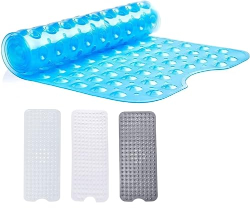 Hafaa Shower Mat Non Slip Anti Mould Extra Long Rubber Bath Mat - 100x40cm Bathtub Shower Mats with 200 Strong Suction Cups Grip and Drain Holes - Soft Bathroom Mat Machine Washable (Blue)