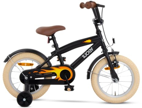 SJOEF Cruise Kinderfahrrad 14 Zoll | Ab 3-5 Jahren | Kinder Fahrrad für Jungen/Jugend | Kleidergröße von 98 bis 108 cm | inklusive Stützräder - Matt Schwarz
