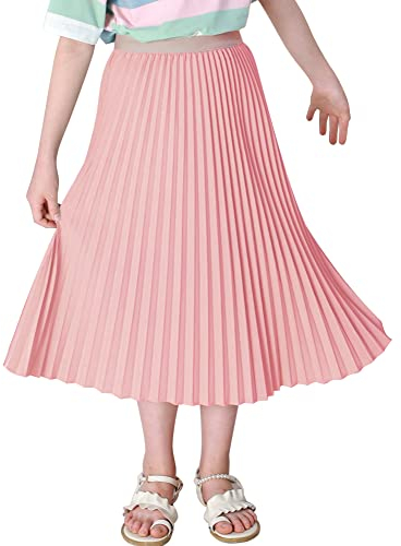 Maeau Faltenrock Lang für Mädchen Chiffon Plissee Rock Kinder Mädchen Mittellange Midi Faltenröcke 13 14 Jahre 160 Rosa A Linien Röcke Elastische Hohe Taille Gefaltete Rock Sommer Frühling Strand