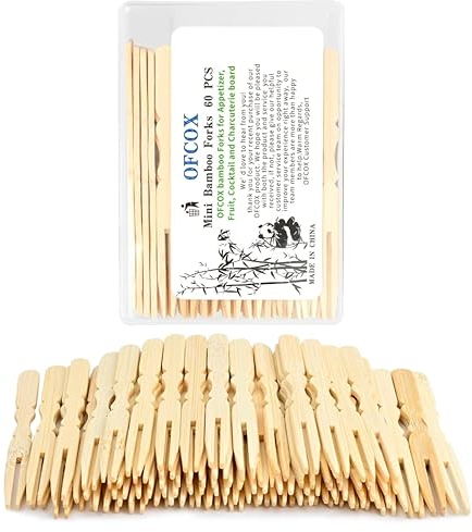 OFCOX Mini Bamboo Forks, 60 Pcs, 4 Inch, Textured, Cocktail & Appetizer Forks, Disposable, Eco-Friendly