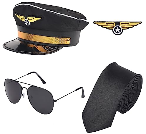 NAUZE 4 Pieces Halloween Pilot Costume Set Aviator Hat Badge Tie Glasses Airline Captain Fancy Dress Costume Accessory