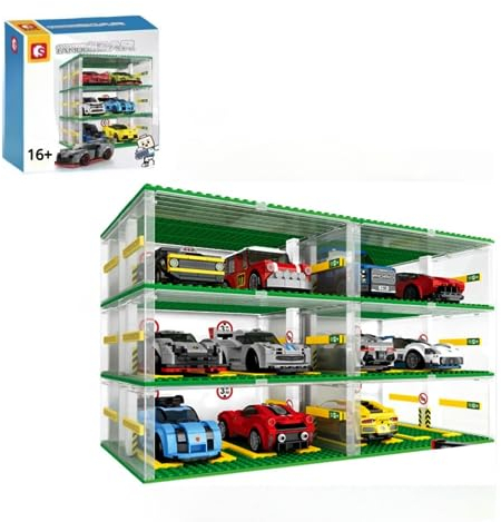 Garage für Speed Champions Autos, DIY Transparentes Parkhaus Modellauto Bausatz, DIY Vitrine 3-Schicht Carport Kompatibel mit Große Marke Bausteine Sportwagen(Ohne Autos) (2Pcs)