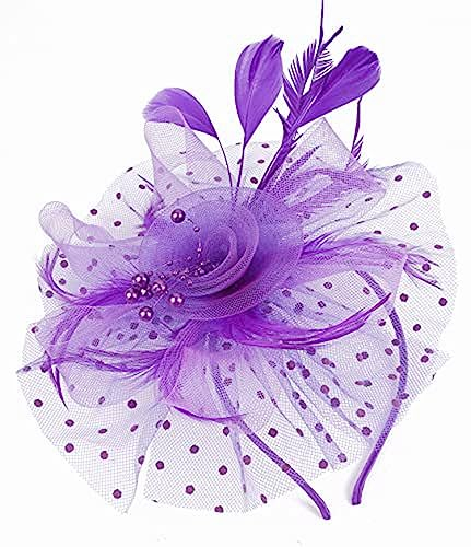 LATRAT Mesh Kopfbedeckung, Vintage-Feder-Bowler-Hut mit Mesh-Blumenherz-Haarteil, für Frauen Mädchen (Violett)