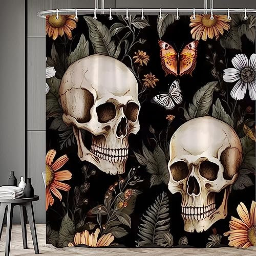 RDRUVA Rideau de douche motif tête de mort floral Halloween gothique squelette vintage fleur papillon horreur sorcellerie fleurs sauvages rideaux de salle de bain avec crochets 177,8 x 177,8 cm