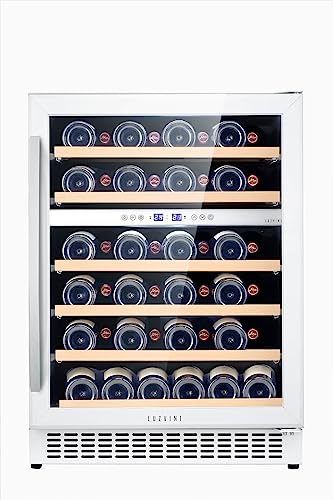 LuzVini LV45W Weißer Einbau-Weinklimaschrank - Weinkühlschrank mit 2 Zonen - 45 Flaschen, geringer Energieverbrauch 116 kWh, Kompressorkühlung und 6 ausschiebbare Auflageflächen aus Buchenholz
