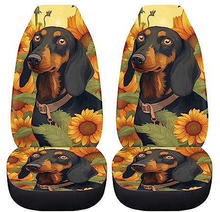 Coloranimal Auto-Sitzbezüge, Motiv: Sonnenblume, Dackel, 2er-Set, universelle Passform, Auto-Vordersitzbezüge, schmutzabweisend, Schutzzubehör, Dackel Hund mit Sonnenblume