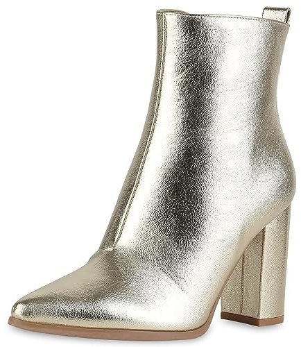 VAN HILL Damen Klassische Stiefeletten Blockabsatz Basic Trendy Schuhe 213281 Gold 36
