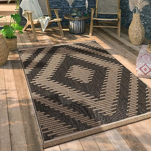Paco Home Hochwertiger Outdoor Teppich Wetterfest & Pflegeleicht Jute-Sisal-Optik mit Fransen & Hoch-Tief-Effekt Langlebig für Terrasse, Balkon, Garten & Küche, Grösse:160x220 cm, Farbe:Anthrazit 2