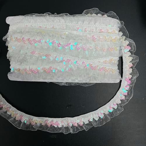 duoyif Paillettenband Elastisches Spitzenband 11Meter 25mm Pailletten Spitzenband Glitzer Spitzenborte Stretch Spitze Elastische Spitzenborte Paillettenband Für Kostüm Handwerk Nähen Deko (Weiß)