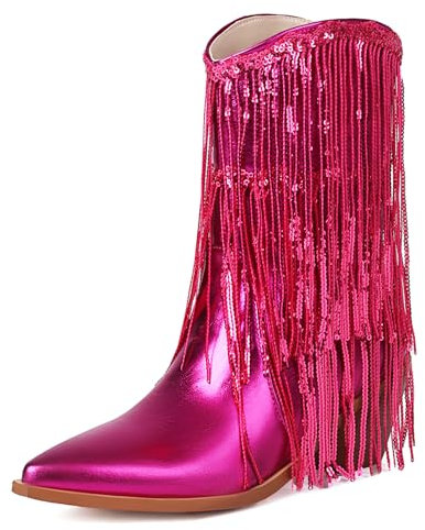MJIASIAWA Donna Vernice A Collo Alto Cowboy Stivali Con Le Frange Senza Chiusura Appuntito Festa Warm Tacco A Blocco Moda Western Stivaletti Serata Scarpe Rose-Rosso Numero 45 EU/47 Asiatico