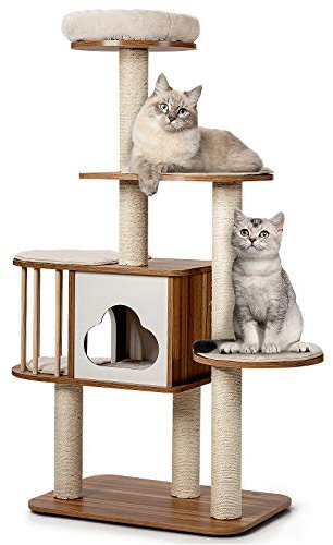 Maxmass Multi-Level Cat Tree, Wooden Cat Tower with Scratching Posts, Perch, Platform, Condo, Detachable Cushion & Protective Rail, Indoor Pet Activity Center for Kittens (5-Tier: 68x48x142cm, Brown)