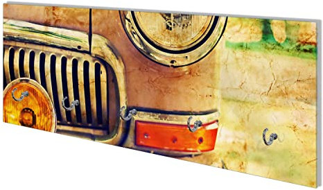 Wallario Wandgarderobe aus Glas in Größe 80 x 30 cm mit Memoboard-Funktion, Motiv: Antiker Oldtimer in Sepiafarben - Frontansicht | 5 Kleiderhaken zum Aufhängen von Jacken