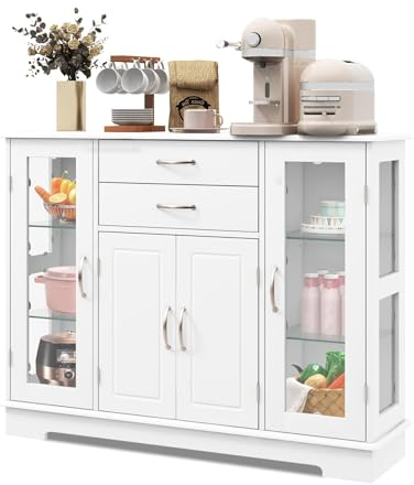 KOMFOTTEU Kommode Buffetschrank Weiß, Mehrzweckschrank mit mit Türen und Ablagen aus gehärtetem Glas, Sideboard Küchenschrank Holz 107x30x82 cm für Esszimmer Wohnzimmer