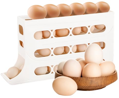 Ysguyyz Dispensador Automático De Huevos Con Ruedas De 4 Niveles Que Ahorra Espacio Para Organización De Nevera Y Encimera, Organizador De Huevos De Plástico Duradero (Blanco)