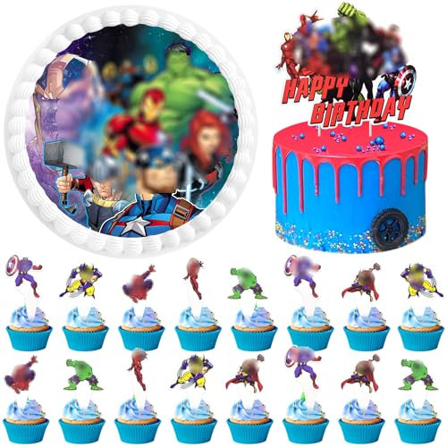 Essbare Tortenaufleger 26 Stück, mit 20 cm Essbare Tortendeko und Cartoon Kuchen Topper, Esspapier Tortendeko, Fondant Tortenaufleger, Tortenaufleger Foto für Junge Mädchen